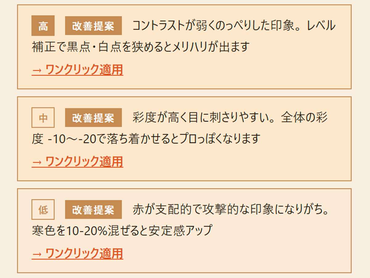 改善提案カードの中身 (優先度バッジ + ワンクリック適用ボタン)